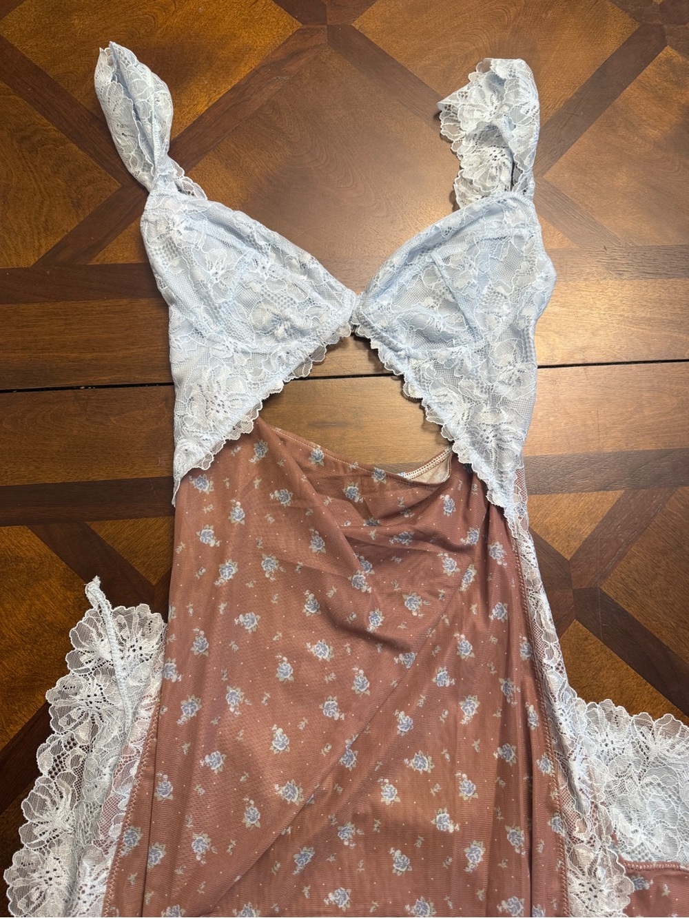 Free People Lace-Trim Chemise in Light Blue and Mauve